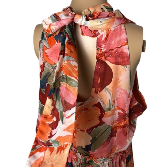 NICOLE MILLER  floral sleeveless halter dress, XL, sheer,chiffon,lined,tiered. - Picture 4 of 15